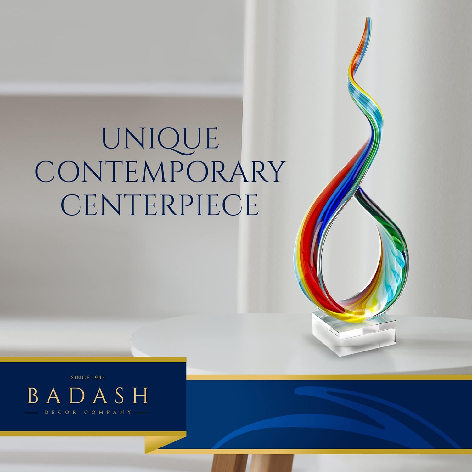 Rainbow Ribbon Murano Style Art Glass Centerpiece on Crystal Base 18"-GW528