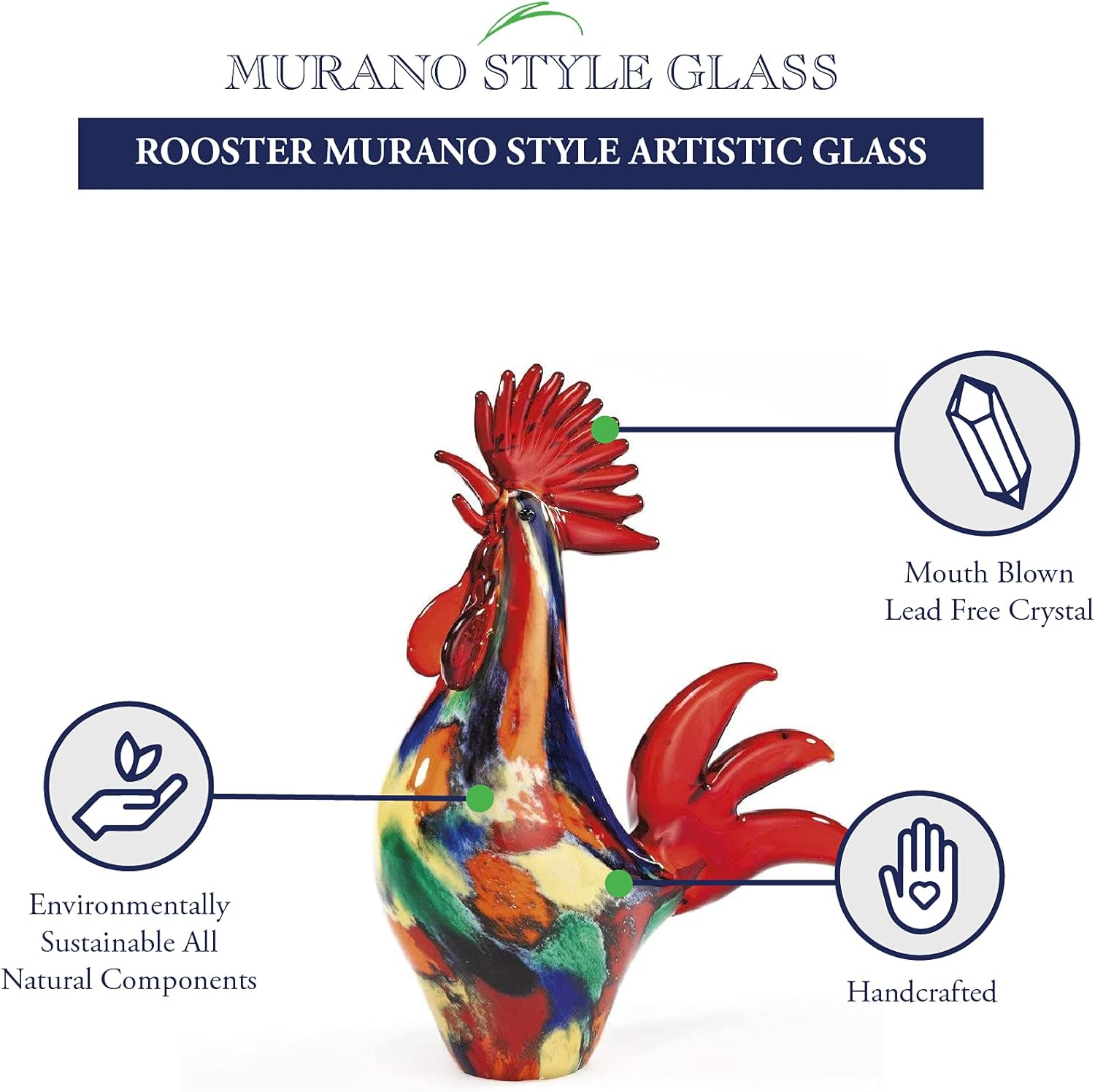 Colorful Murano Style Artistic Glass 11" Rooster - GW603