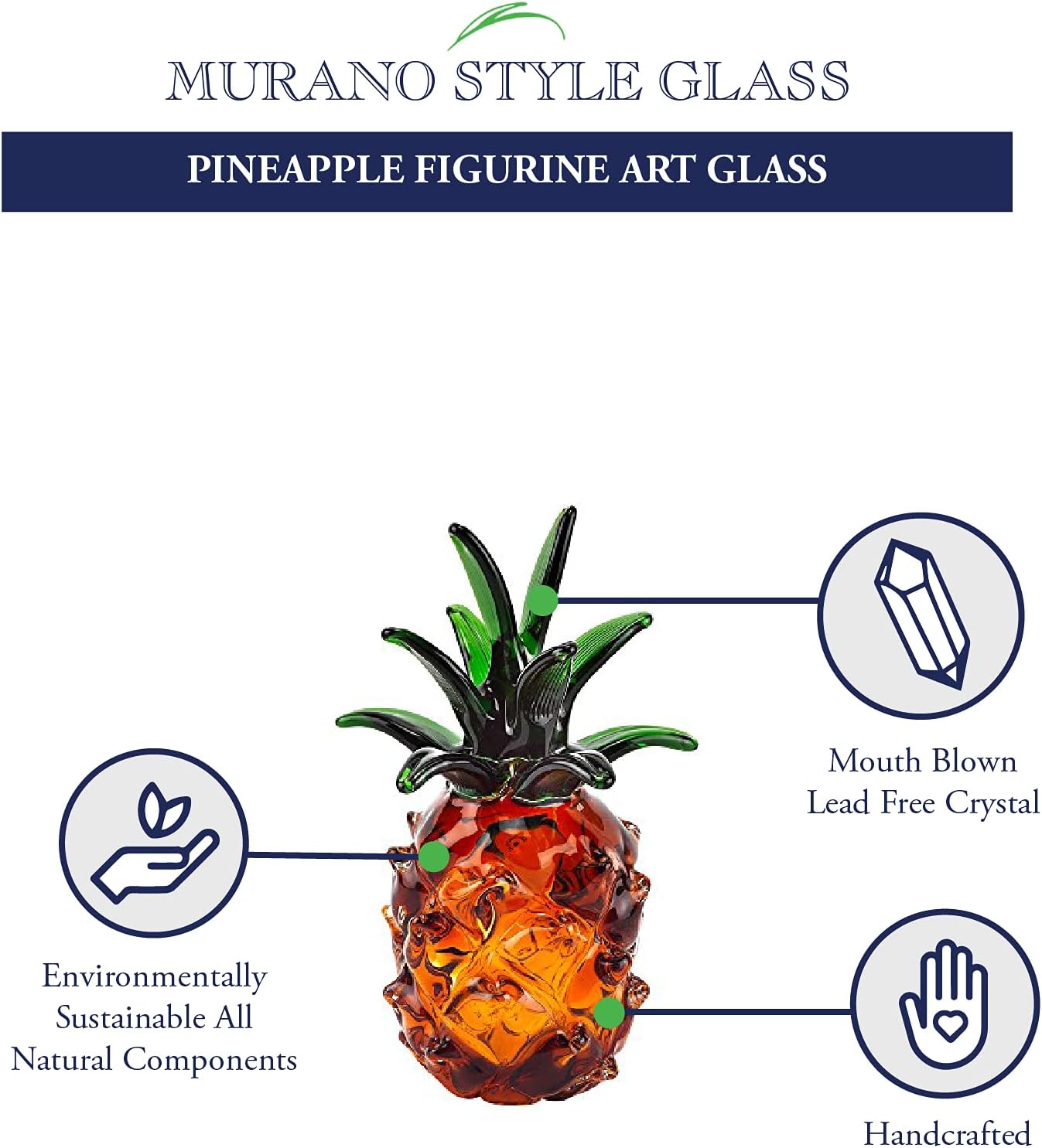 Murano Style Mouth Blown Art Glass 10" Pineapple.-J594