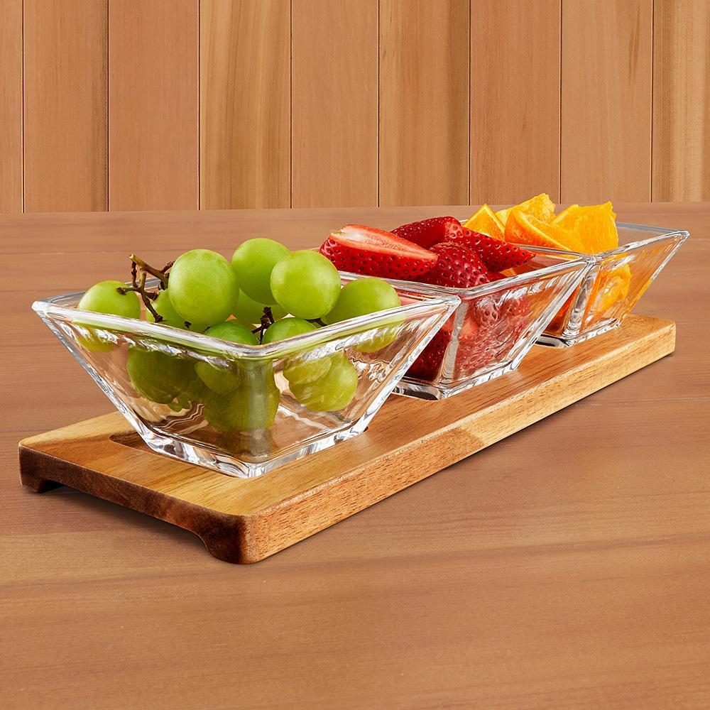 Hostess Set - 4 pc With 3 Glass Condiment or Dip Bowls on a Wood Tray-B25
