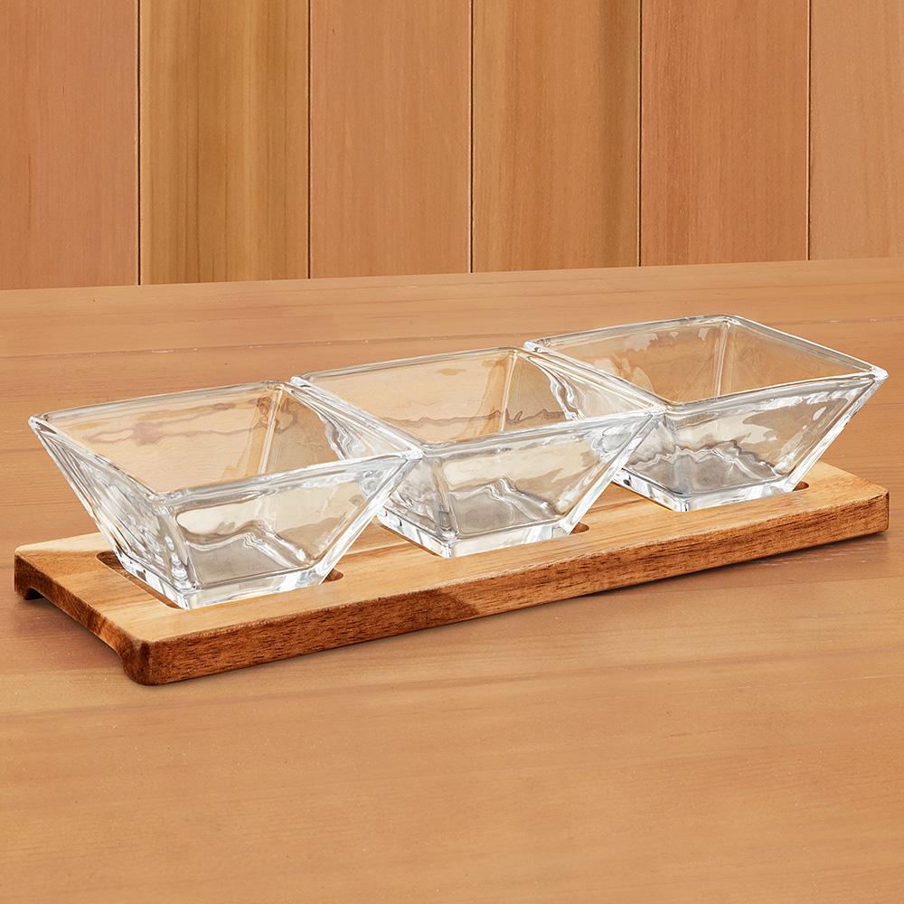 Hostess Set - 4 pc With 3 Glass Condiment or Dip Bowls on a Wood Tray-B25