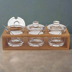 Glass Jam Set With 3 Glass Jars and Spoons on a Wood Stand-B55