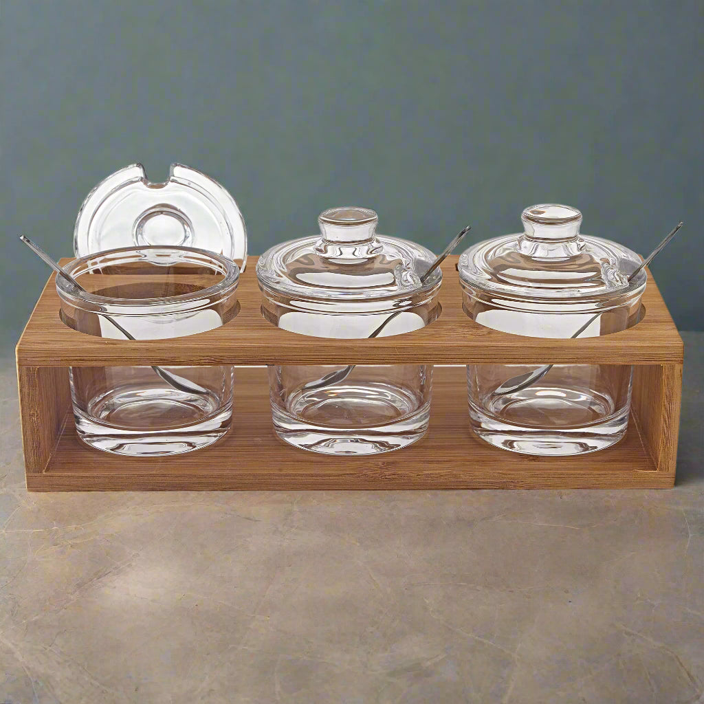 Glass Jam Set With 3 Glass Jars and Spoons on a Wood Stand-B55