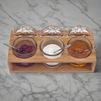 Glass Jam Set With 3 Glass Jars and Spoons on a Wood Stand-B55