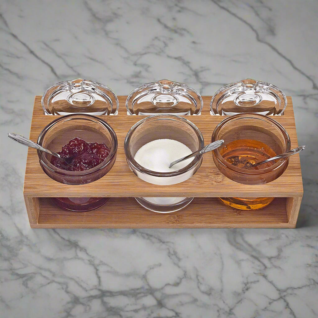 Glass Jam Set With 3 Glass Jars and Spoons on a Wood Stand-B55