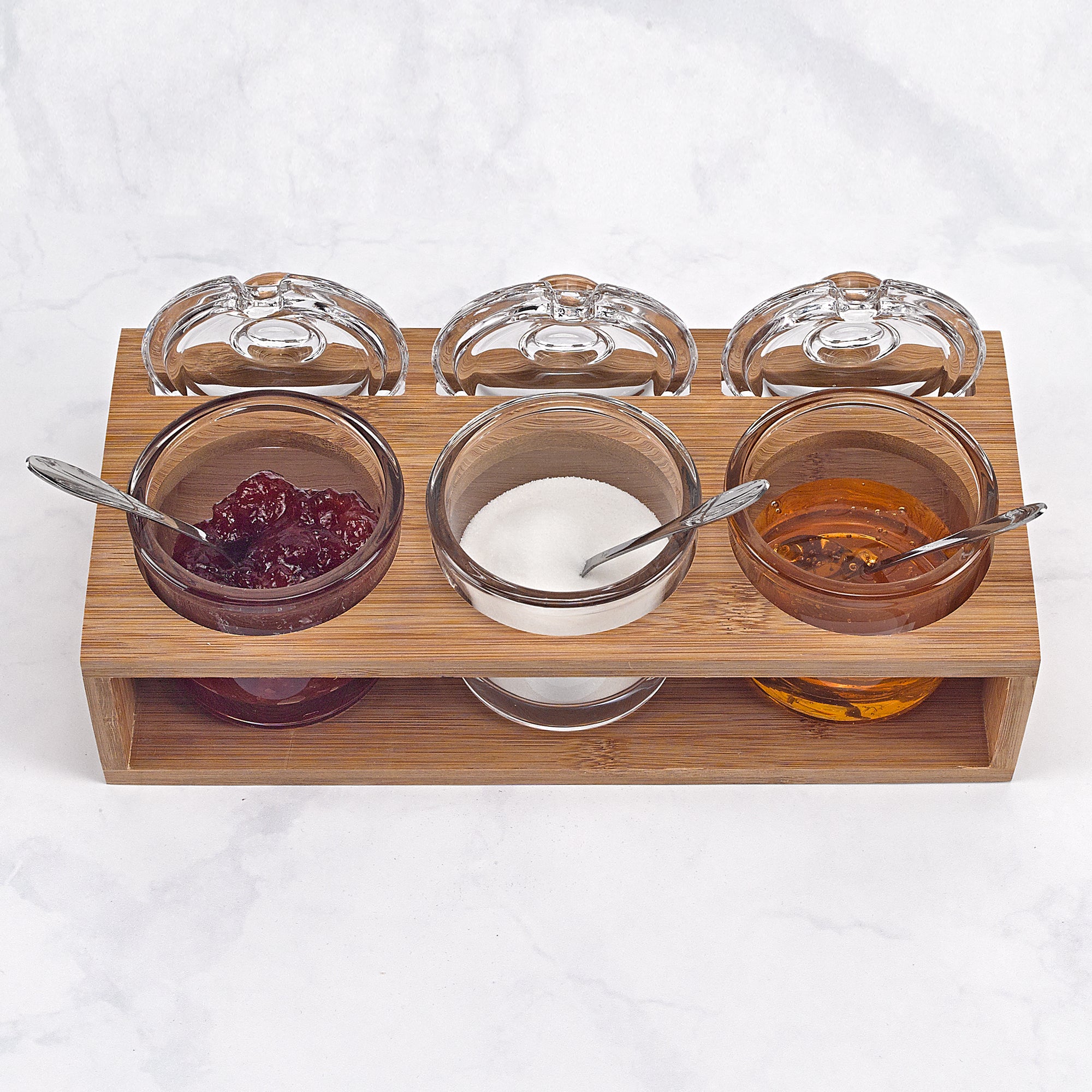 Glass Jam Set With 3 Glass Jars and Spoons on a Wood Stand-B55