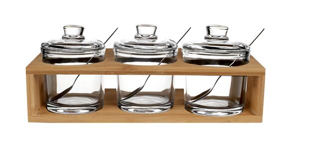 Glass Jam Set With 3 Glass Jars and Spoons on a Wood Stand-B55