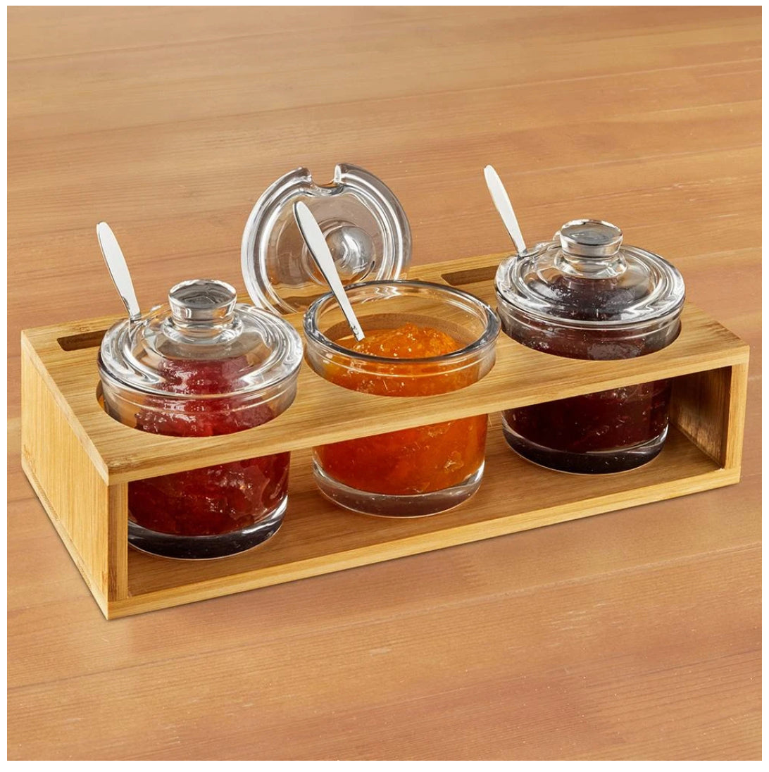Glass Jam Set With 3 Glass Jars and Spoons on a Wood Stand-B55