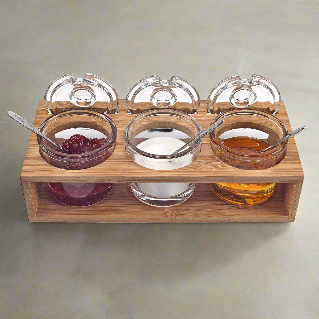 Glass Jam Set With 3 Glass Jars and Spoons on a Wood Stand-B55