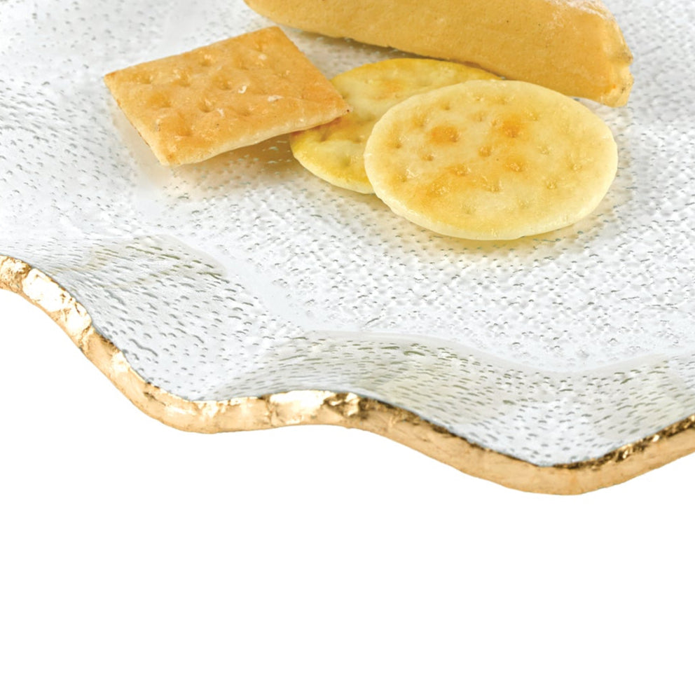 Goldedge Hand Decorated Gold Leaf Edge Mouth Blown Textured Glass 13" Round Wavy Platter or Charger-F3021