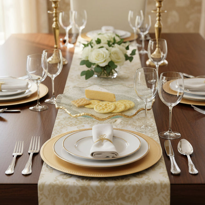 Goldedge Hand Decorated Gold Leaf Edge Mouth Blown Textured Glass 13" Round Wavy Platter or Charger-F3021