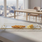Goldedge Serving Tray Hand Decorated Gold Leaf Scalloped Edge 7 x 20" Glass  With Cut Out Handles-F3049