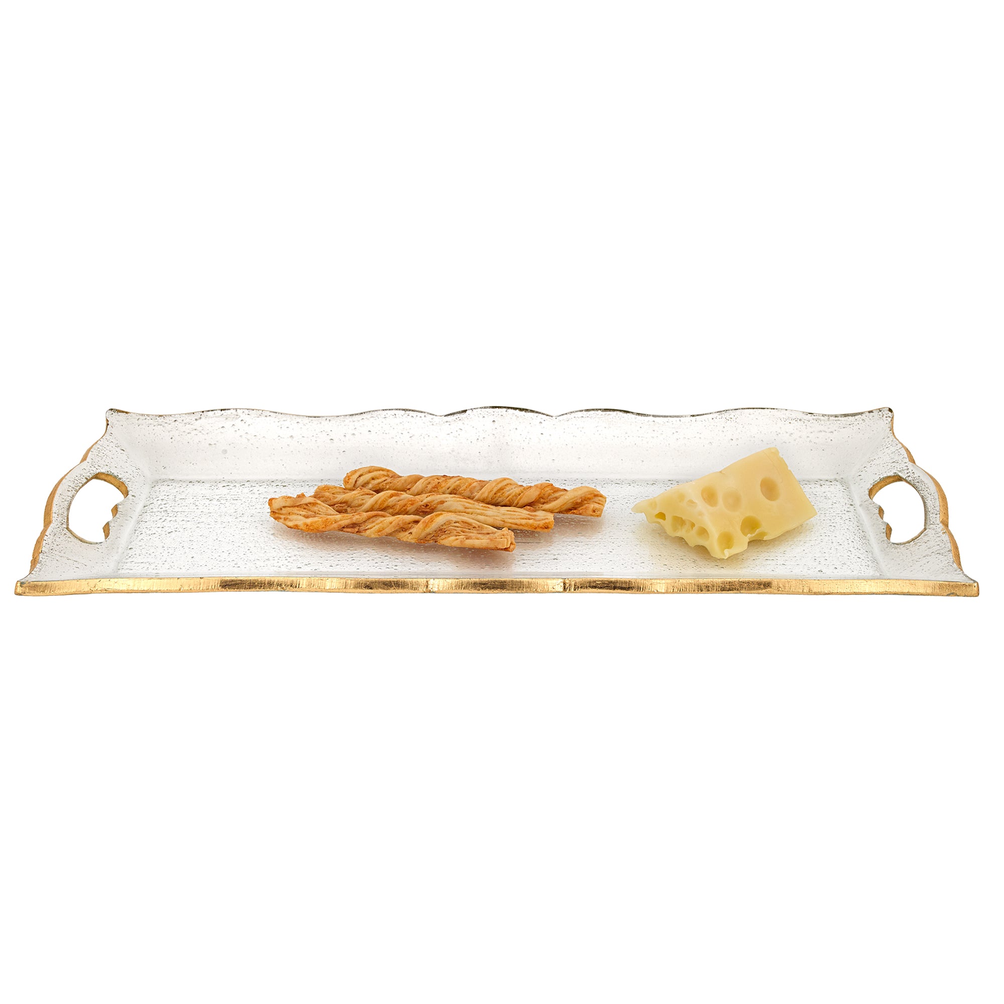 Goldedge Serving Tray Hand Decorated Gold Leaf Scalloped Edge 7 x 20" Glass  With Cut Out Handles-F3049