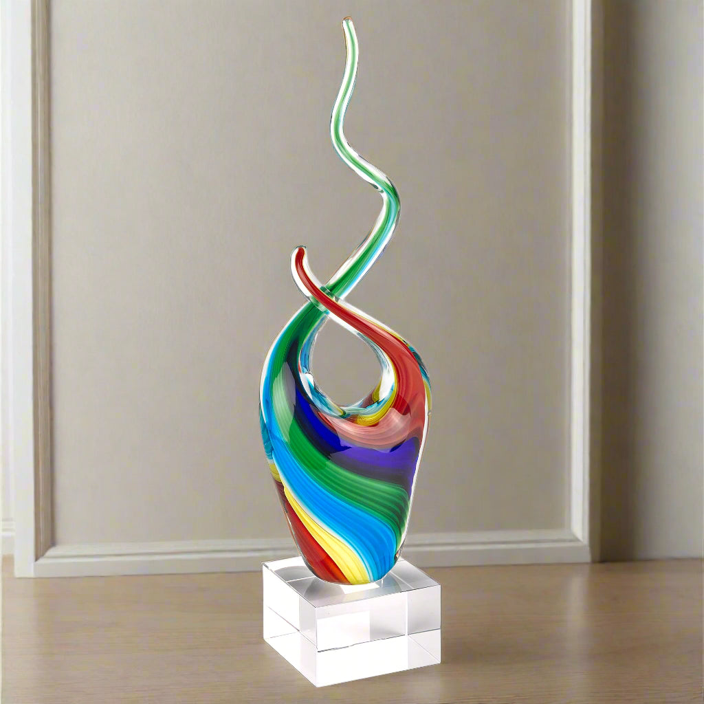 Rainbow Murano Style Art Glass Abstract Centerpiece on Crystal Base 11-GW566
