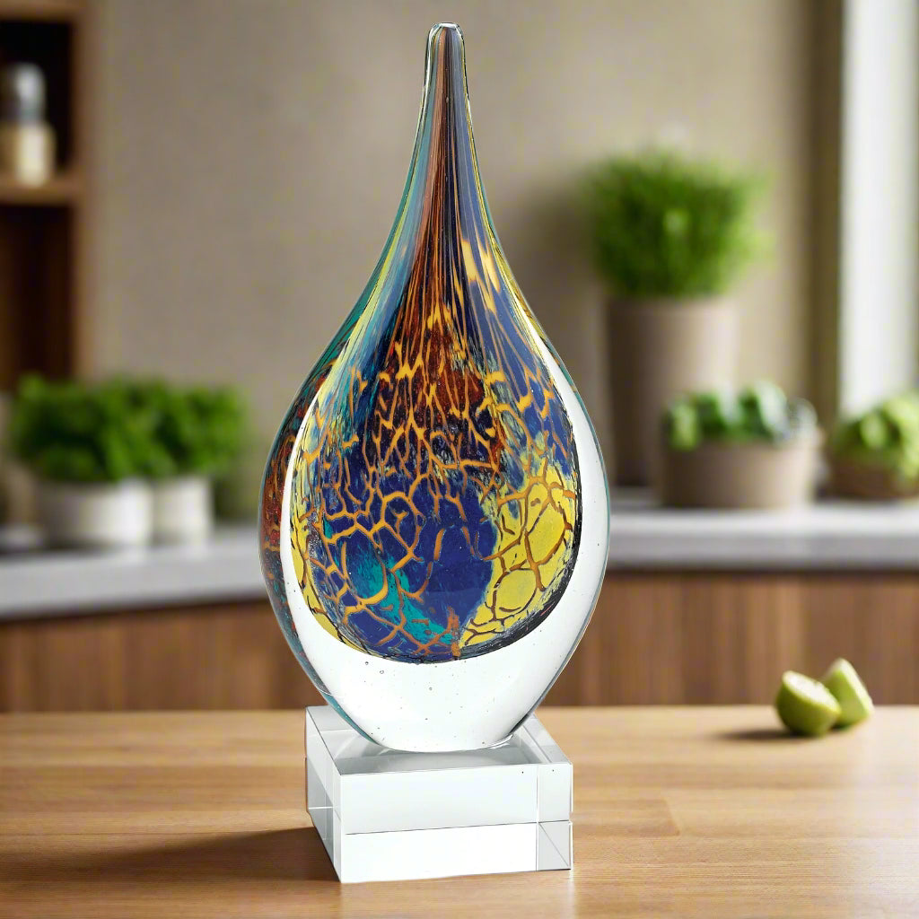 Firestorm Murano Style Art Glass 11" Teardrop on Crystal Base-GW612