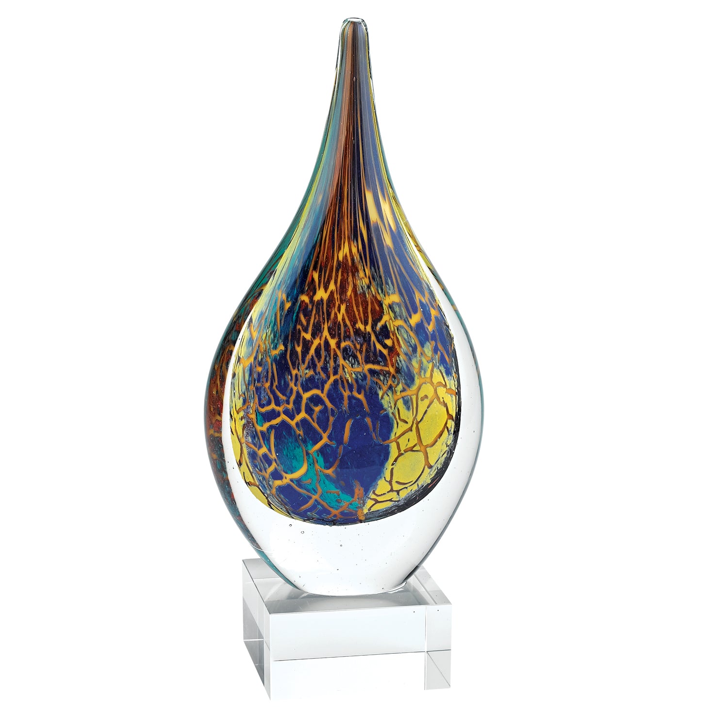 Firestorm Murano Style Art Glass 12" Teardrop on Crystal Base-GW613