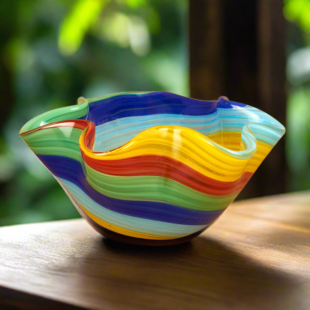 Rainbow Murano Style Art Glass 10" Wavy Bowl-GW625