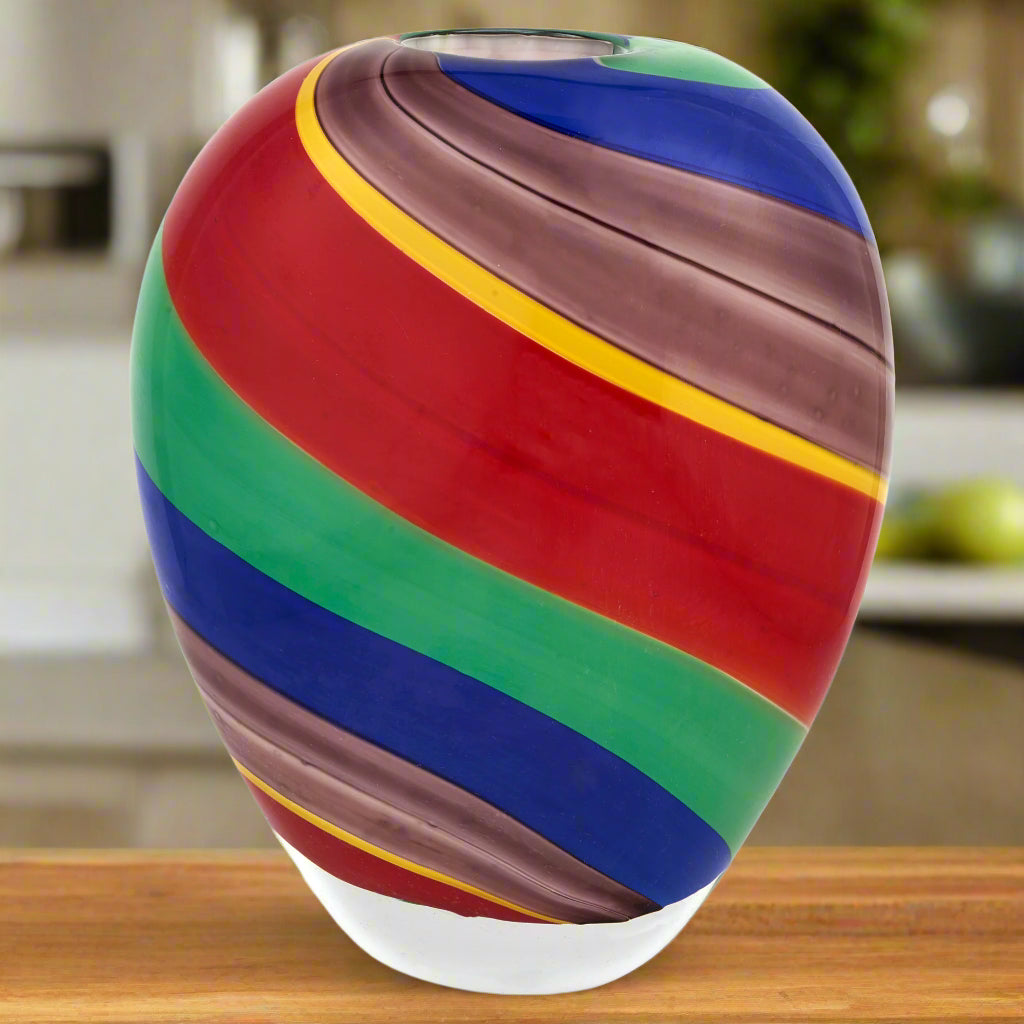 Rainbow Band Murano Style Art Glass Urn Shape 8.5" Decorative Vase-GW665