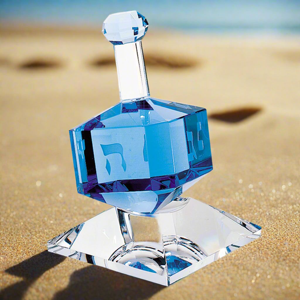 Hand Crafted Cobalt Crystal Dreidel On Stand H3".-H141
