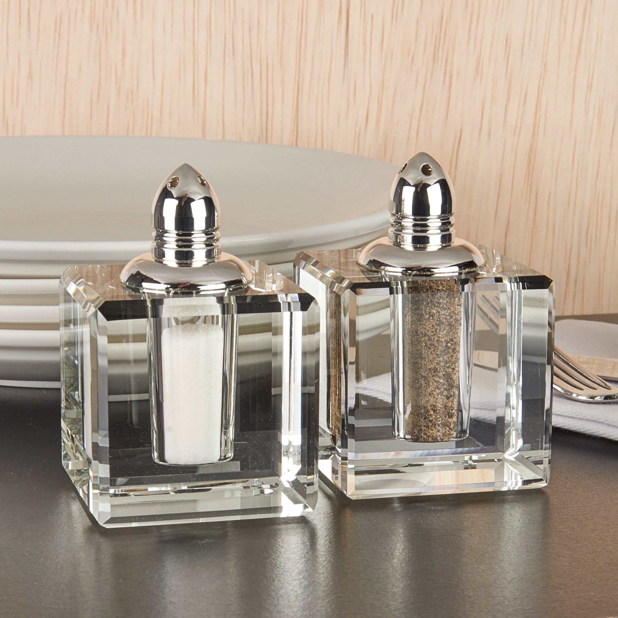 Vitality Platinum Square Salt and Pepper Shakers -Hand Made Lead Free Crystal  H2.75-H144P