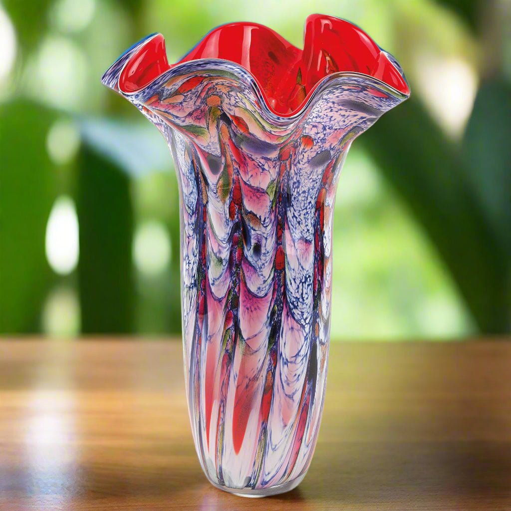 Majesty Murano Style Art Glass 17" Red Blend  Napkin Vase-J207