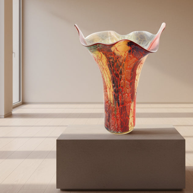 Firestorm 17" Murano Style Napkin Shape Mouth Blown Vase-J211