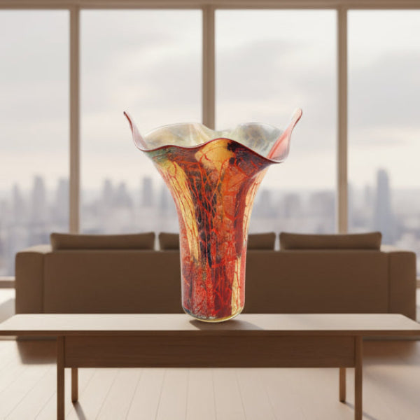 Firestorm 17" Murano Style Napkin Shape Mouth Blown Vase-J211