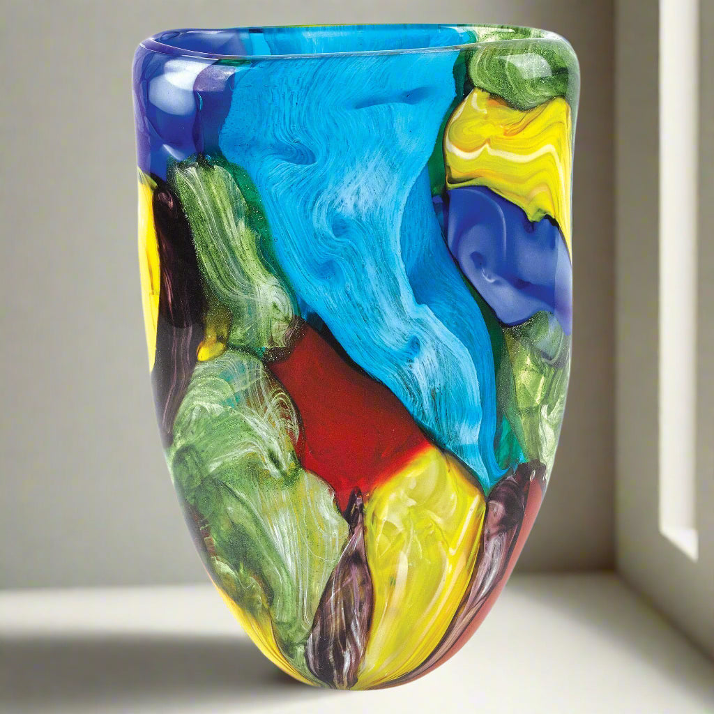 Stormy Rainbow Murano Style Art Glass 11" Oval Vase-J215