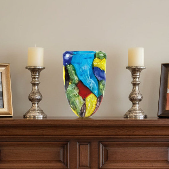 Stormy Rainbow Murano Style Art Glass 11" Oval Vase-J215