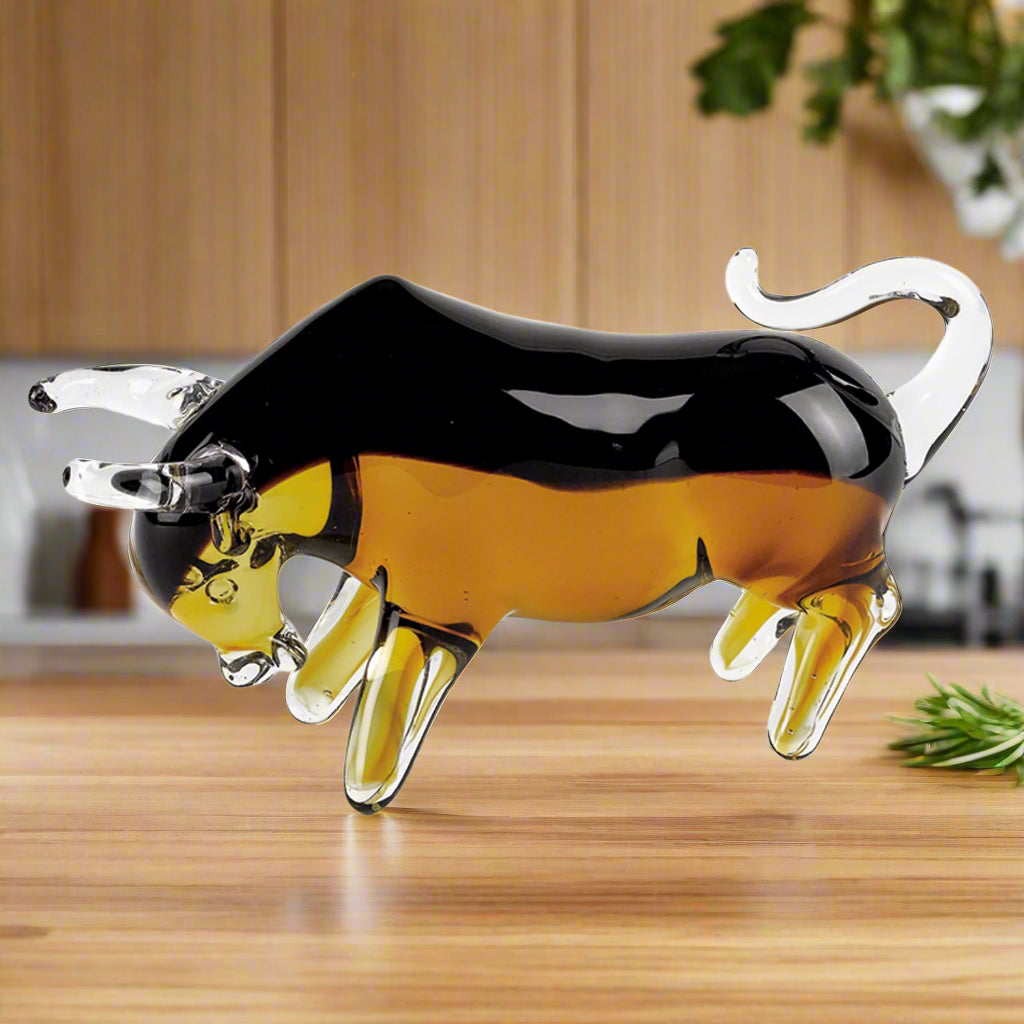 Murano Style Amber Art Glass Bull L8xh4-J409
