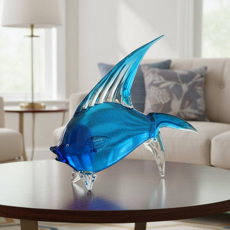 Light Blue Murano Style Art Glass Tropical Fish H 15.5 x L 18- J568