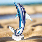 Murano Style Art Glass 14" Tall Blue Dolphin On Clear Base-J578