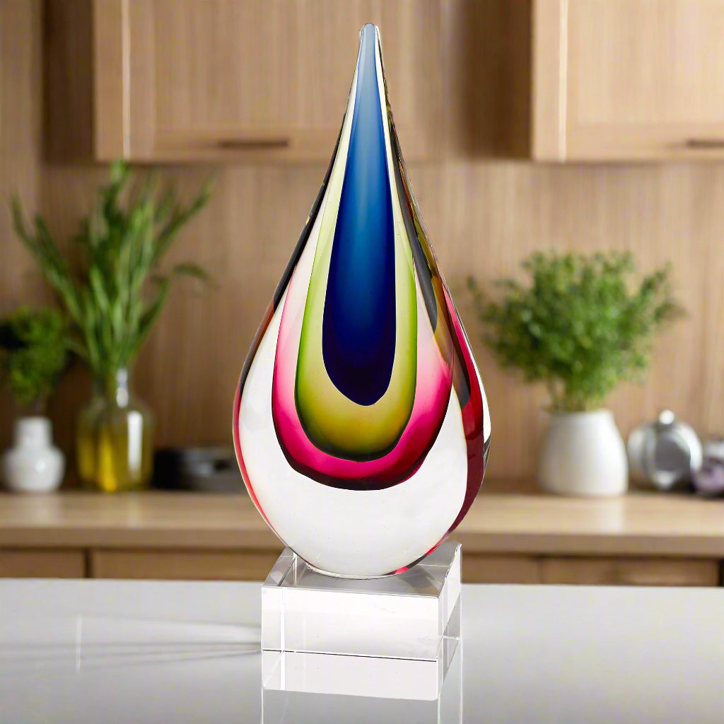 Essence Murano Style Mouth Blown Teardrop Centerpiece on Crystal Base 12" Tall-J597