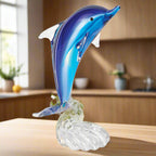Murano Style Art Glass 19" Tall Blue Dolphin On Clear "Wave'Base-J600