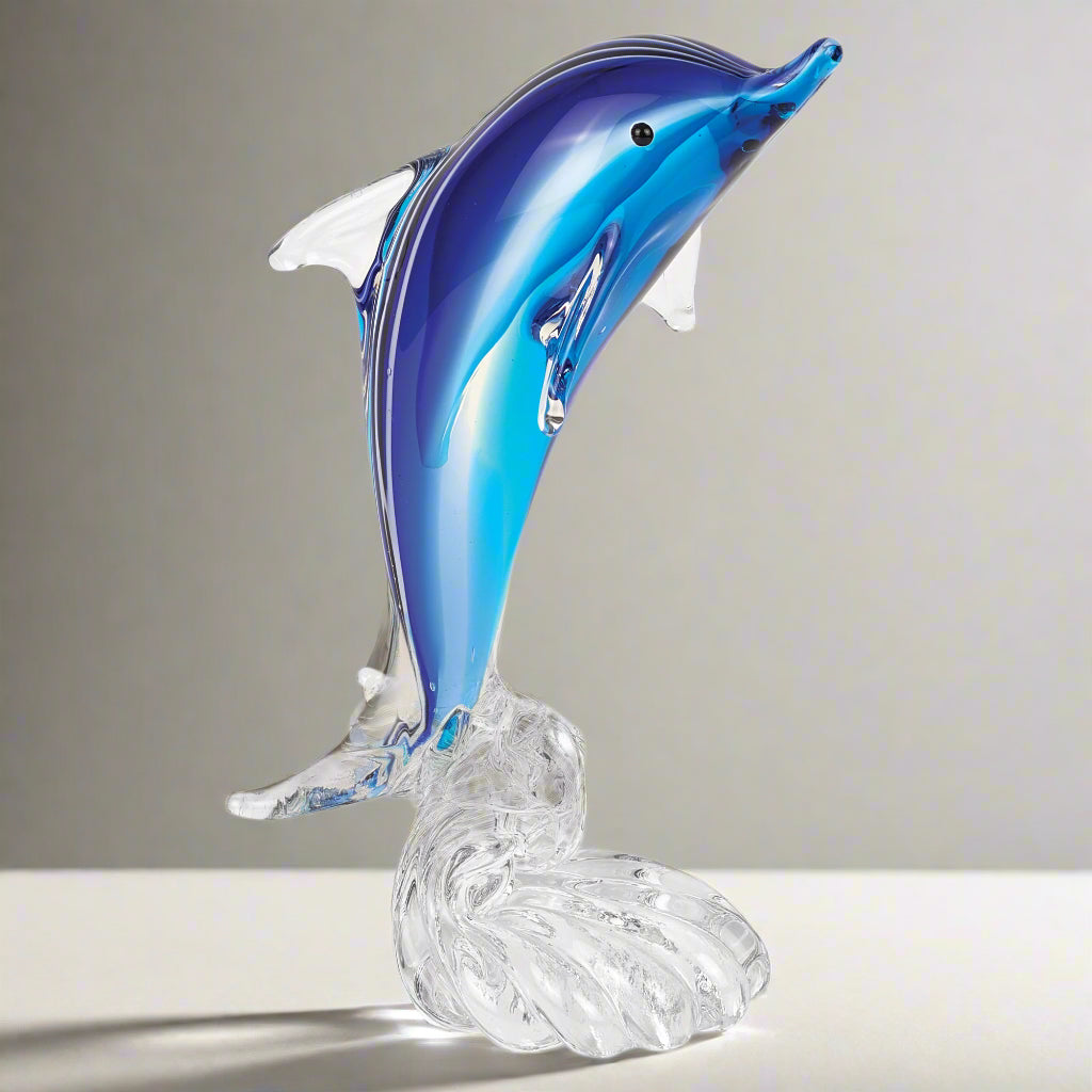 Murano Style Art Glass 19" Tall Blue Dolphin On Clear "Wave'Base-J600