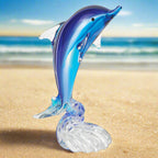 Murano Style Art Glass 19" Tall Blue Dolphin On Clear "Wave'Base-J600