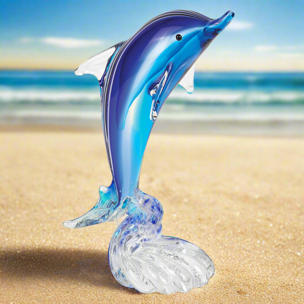 Murano Style Art Glass 19" Tall Blue Dolphin On Clear "Wave'Base-J600