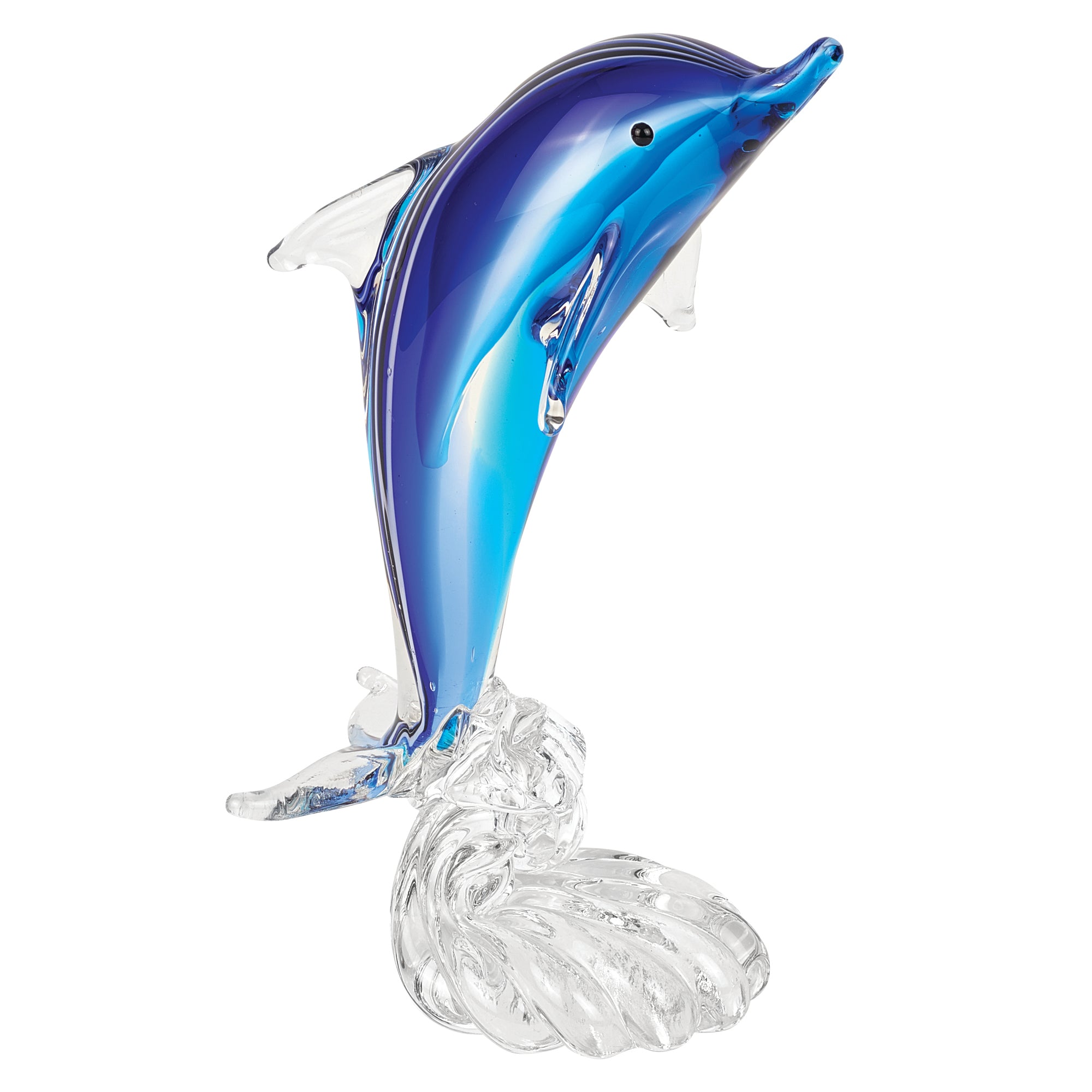 Murano Style Art Glass 19" Tall Blue Dolphin On Clear "Wave'Base-J600