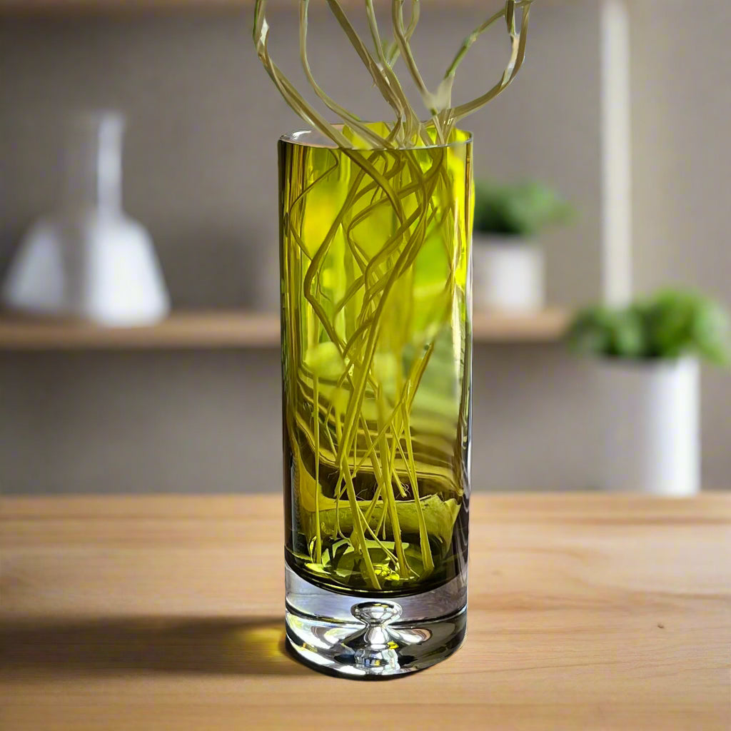 Galaxy Cylinder Vase- European Mouth Blown Lead Free Crystal in Olive Green 10.5" X 3-K2237