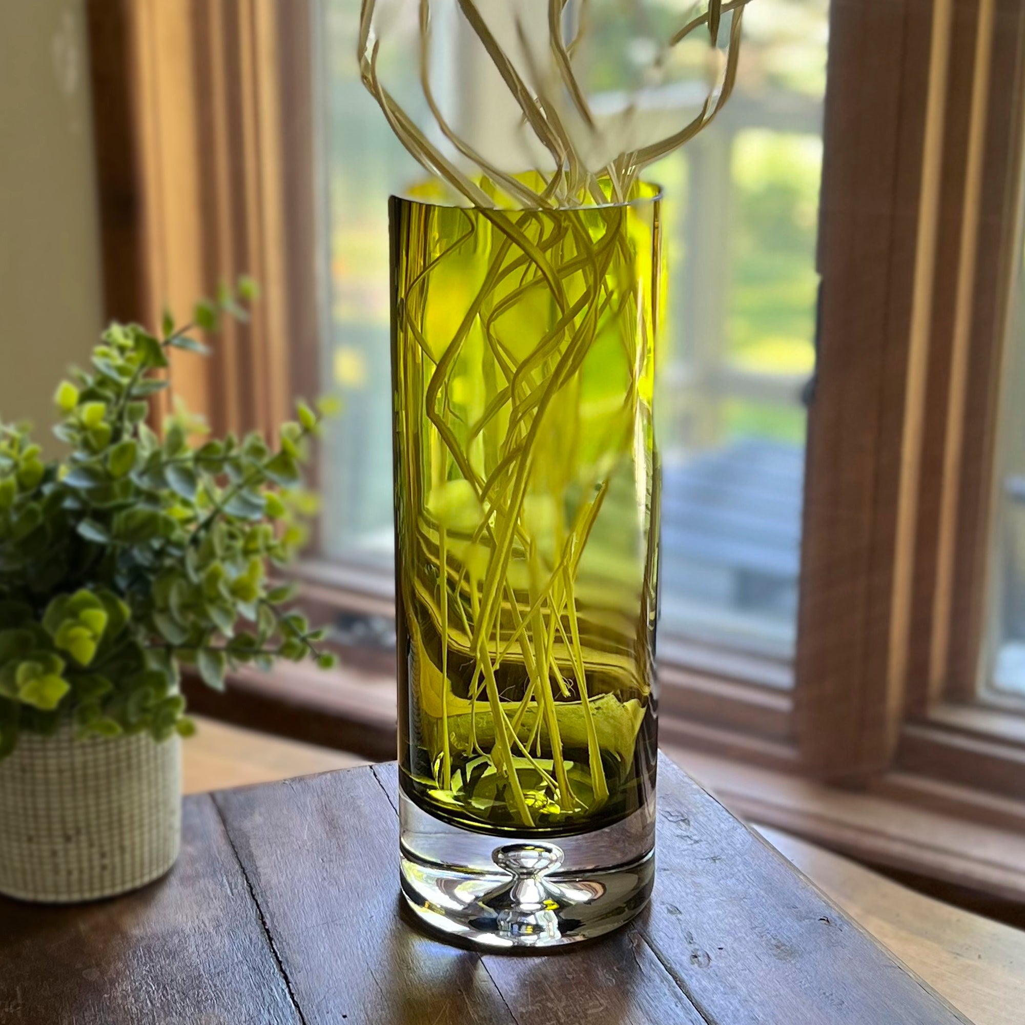 Galaxy Cylinder Vase- European Mouth Blown Lead Free Crystal in Olive Green 10.5" X 3-K2237