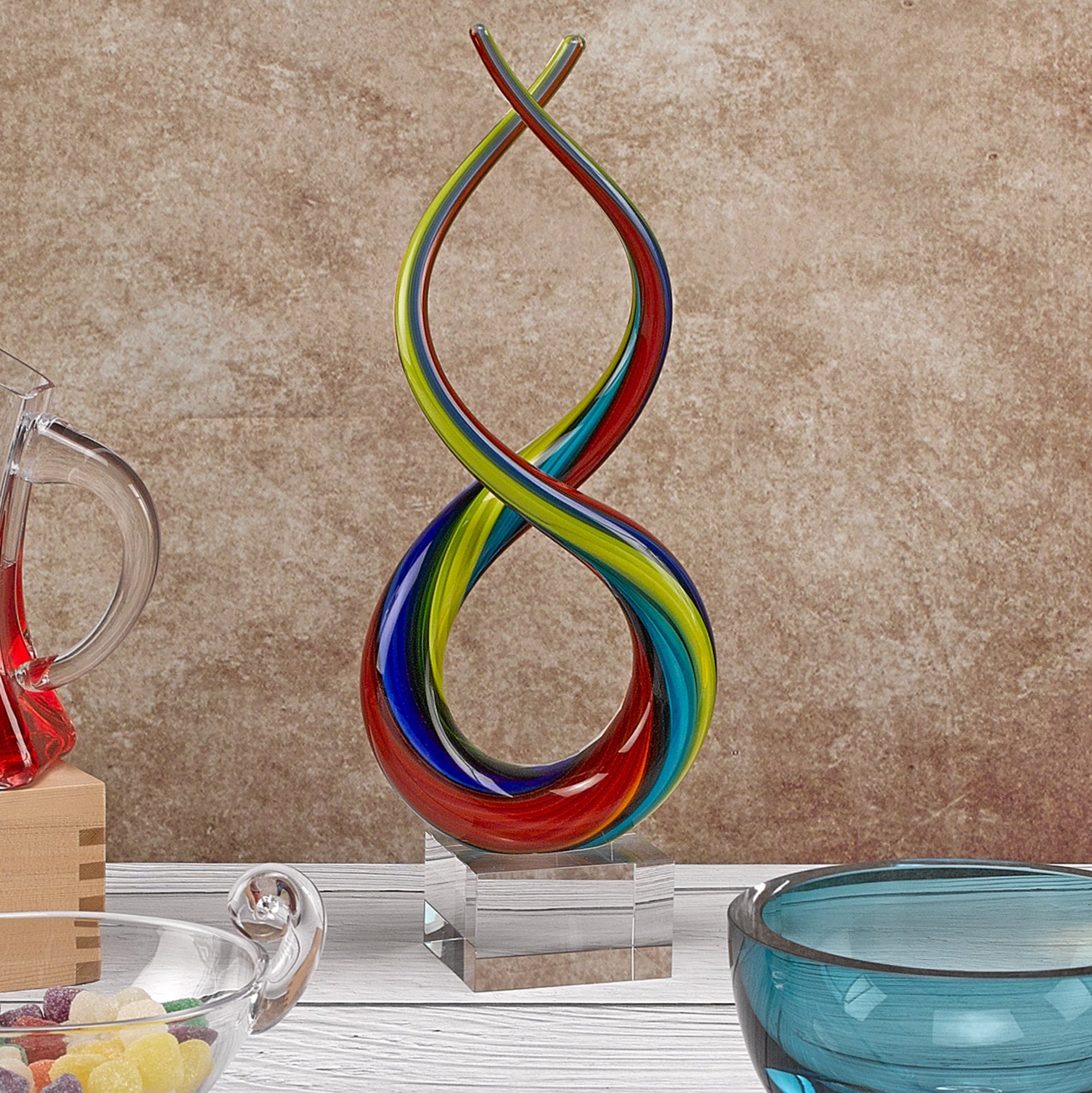 Spectrum Murano Style Blown Art Glass Rainbow Centerpiece on Base H14 in.-J473