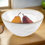 White Alabaster 10" Glass Fruit or Salad Bowl With Gold Rim-P236G