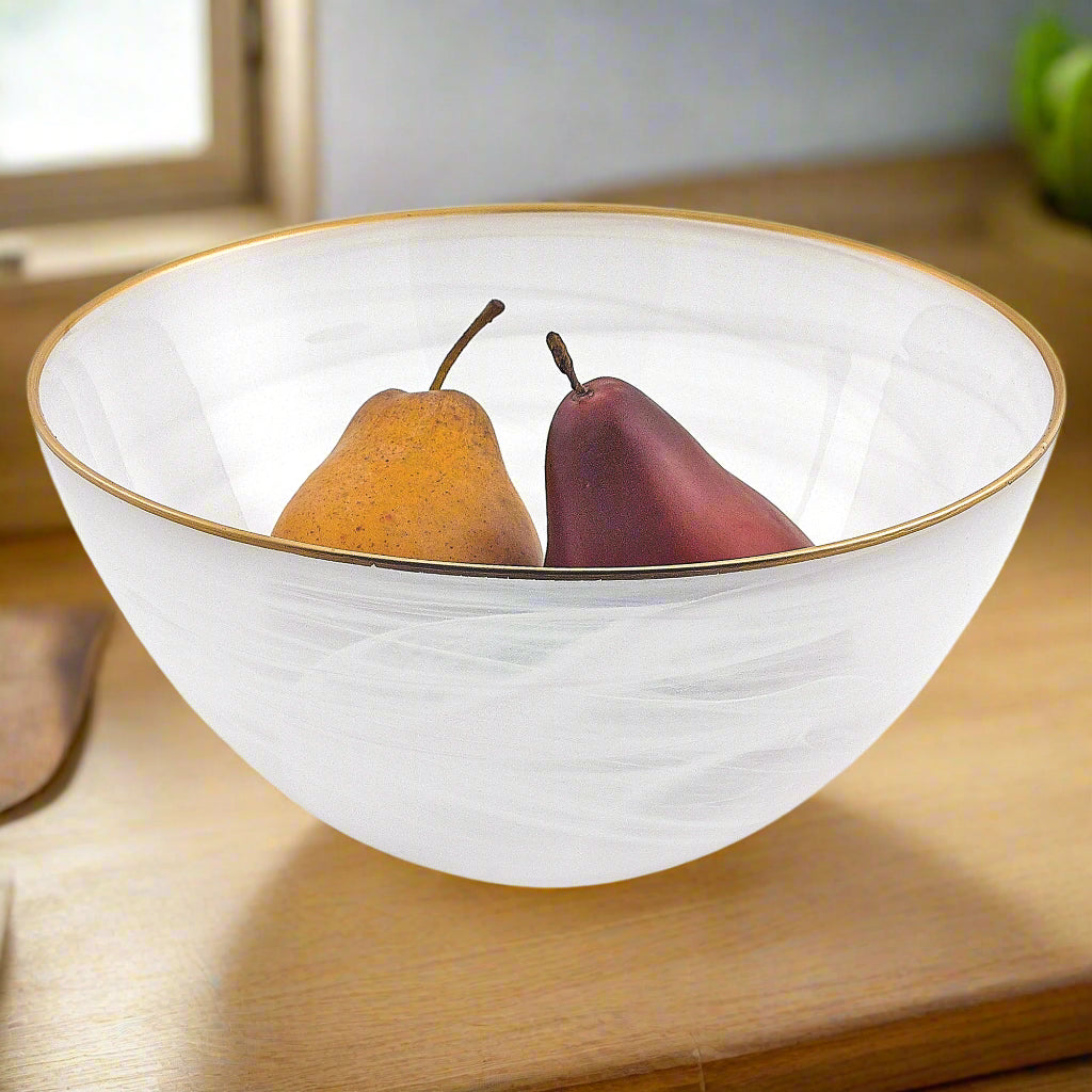 White Alabaster 10" Glass Fruit or Salad Bowl With Gold Rim-P236G