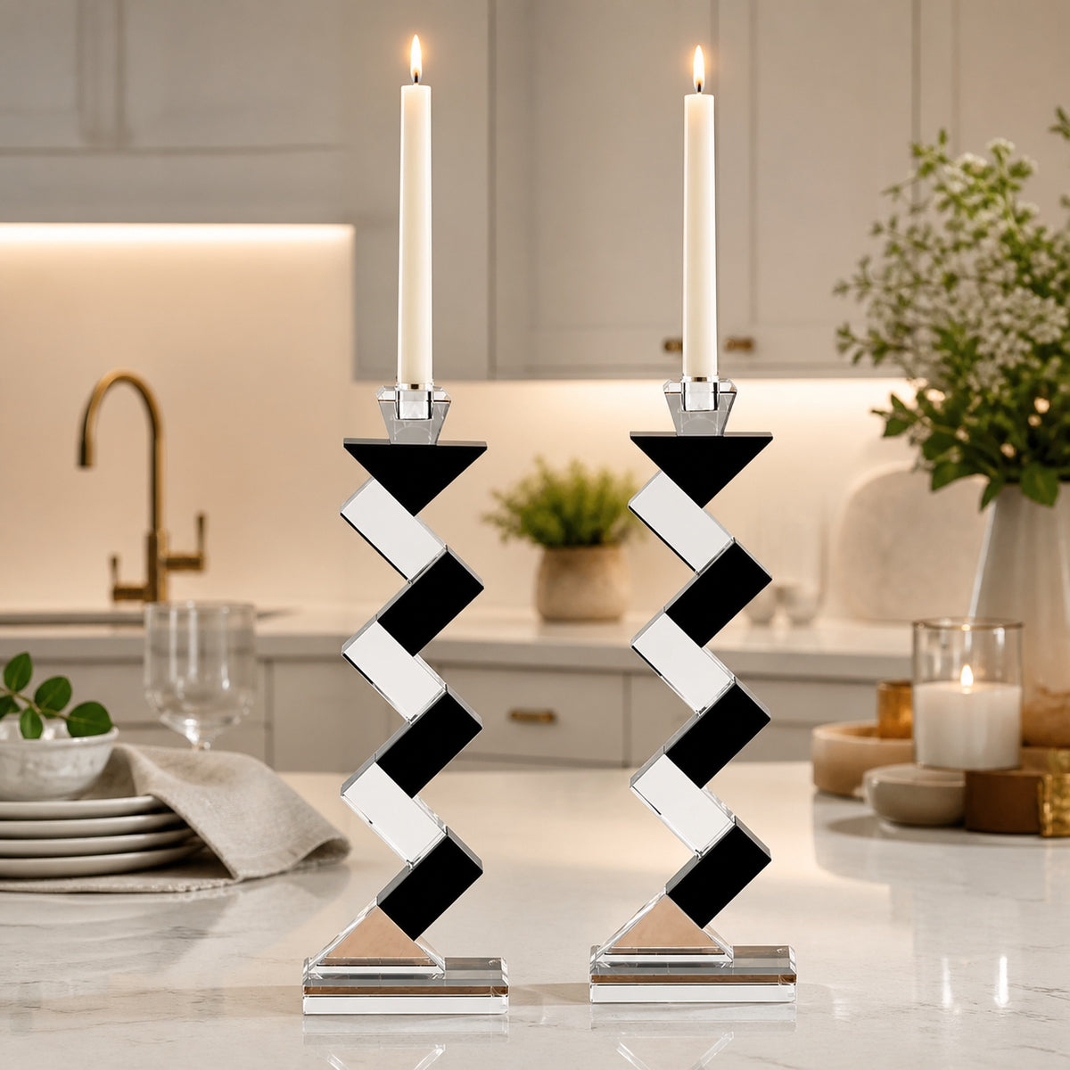 Angela Pair of 14" Black Accent Crystal Candlesticks - YD351