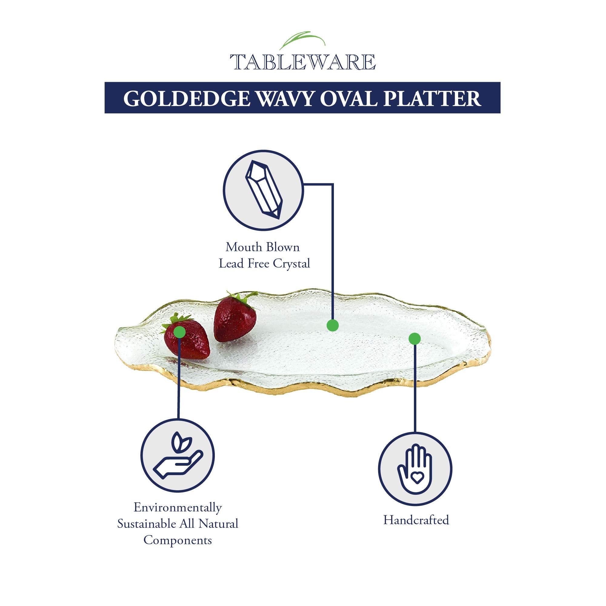 Goldedge Hand Decorated Gold Leaf Edge Wavy Oval Glass 14 x 7" Platter-F3022