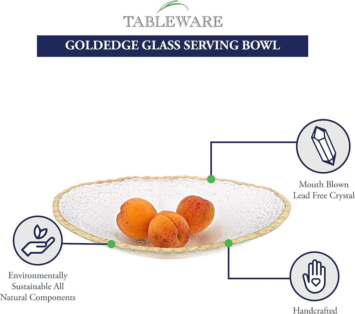 Goldedge Hand Decorated Gold Leaf Edge Oval 12 x 8" Glass Serving Bowl-F3052