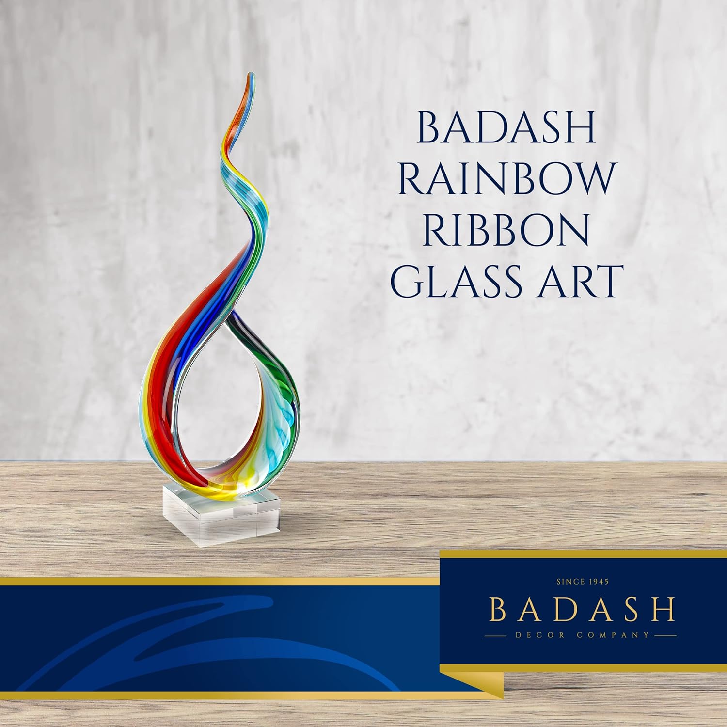 Rainbow Ribbon Murano Style Art Glass Centerpiece on Crystal Base 18"-GW528