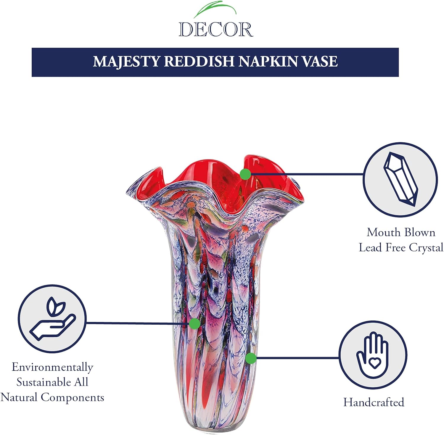 Majesty Murano Style Art Glass 17" Red Blend  Napkin Vase-J207