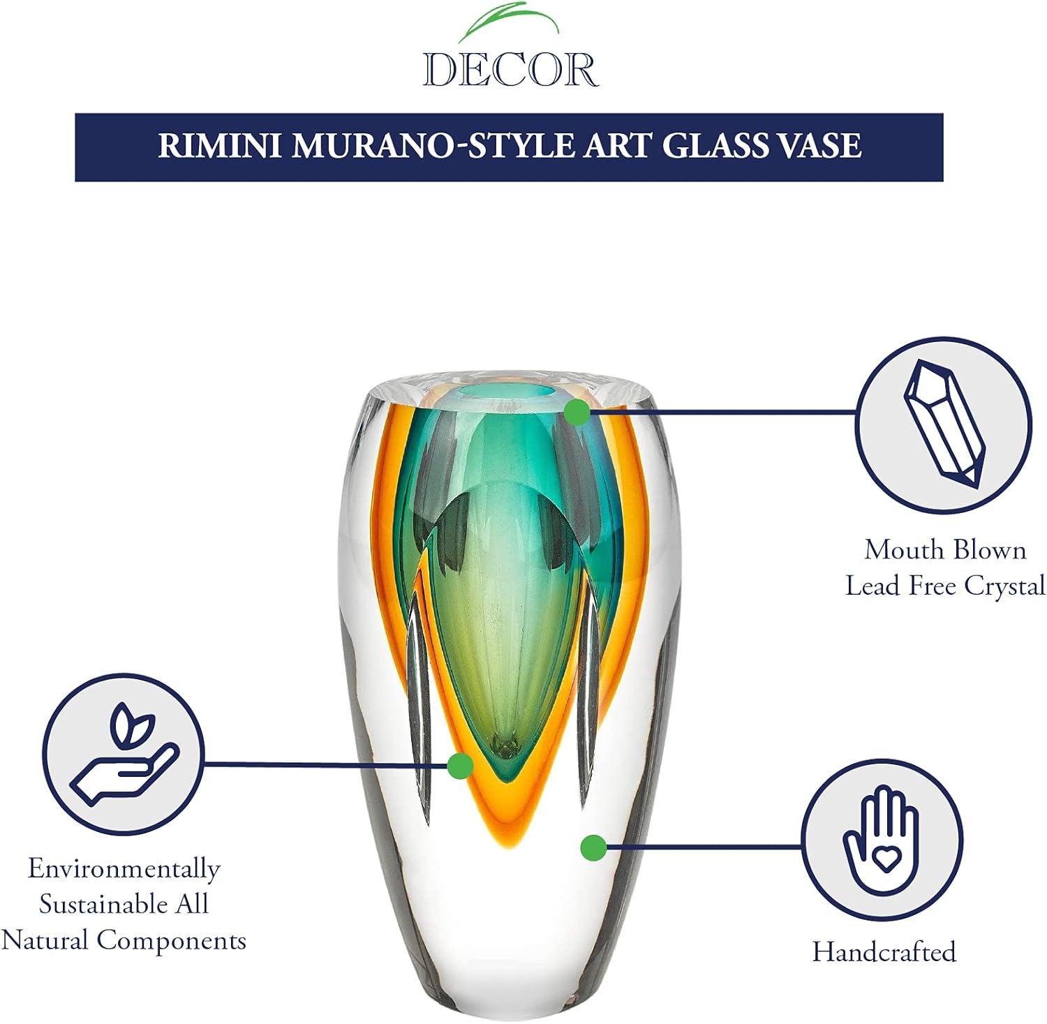 Rimini Murano Style Art Glass Amber and Green 6" Vase-J514