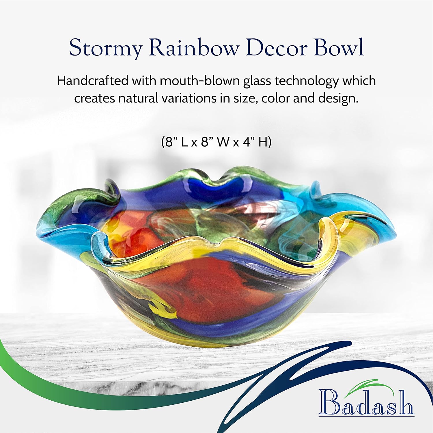 Stormy Rainbow Murano Style Art Glass Floppy 8.5 inch Centerpiece Bowl-J521